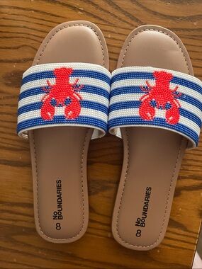 No Boundaries Tan Slides with Blue & White Striped Band and Red Lobster
